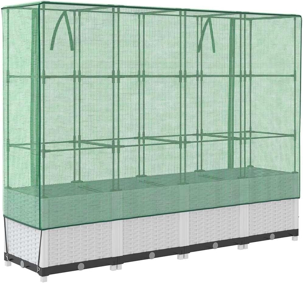 vidaXL Hochbeet mit Gewächshaus-Aufsatz, Pflanzbeet mit Eisenrohr-Rahmen, Gemüsebeet für Garten Terrasse Balkon, Pflanzkasten Frühbeet, Rattan-Optik
