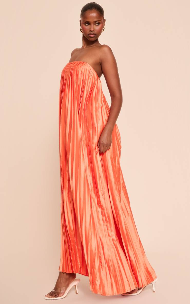 Bright Orange Robe Longue Bustier Plissée En Satin