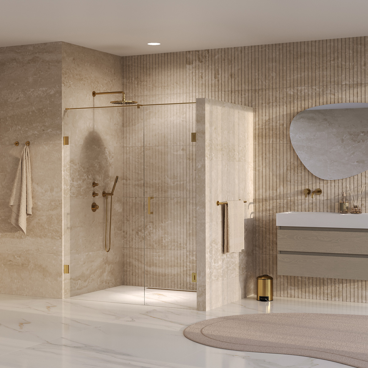 Brauer Void profielloze nisdeur 160cm met draaideur 70cm aan muur messing geborsteld PVD