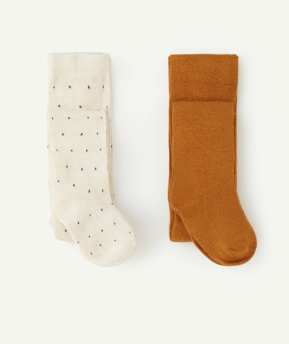 LOT DE 2 COLLANTS TRICOT BÉBÉ FILLE MOUTARDE ET ÉCRU À POIS