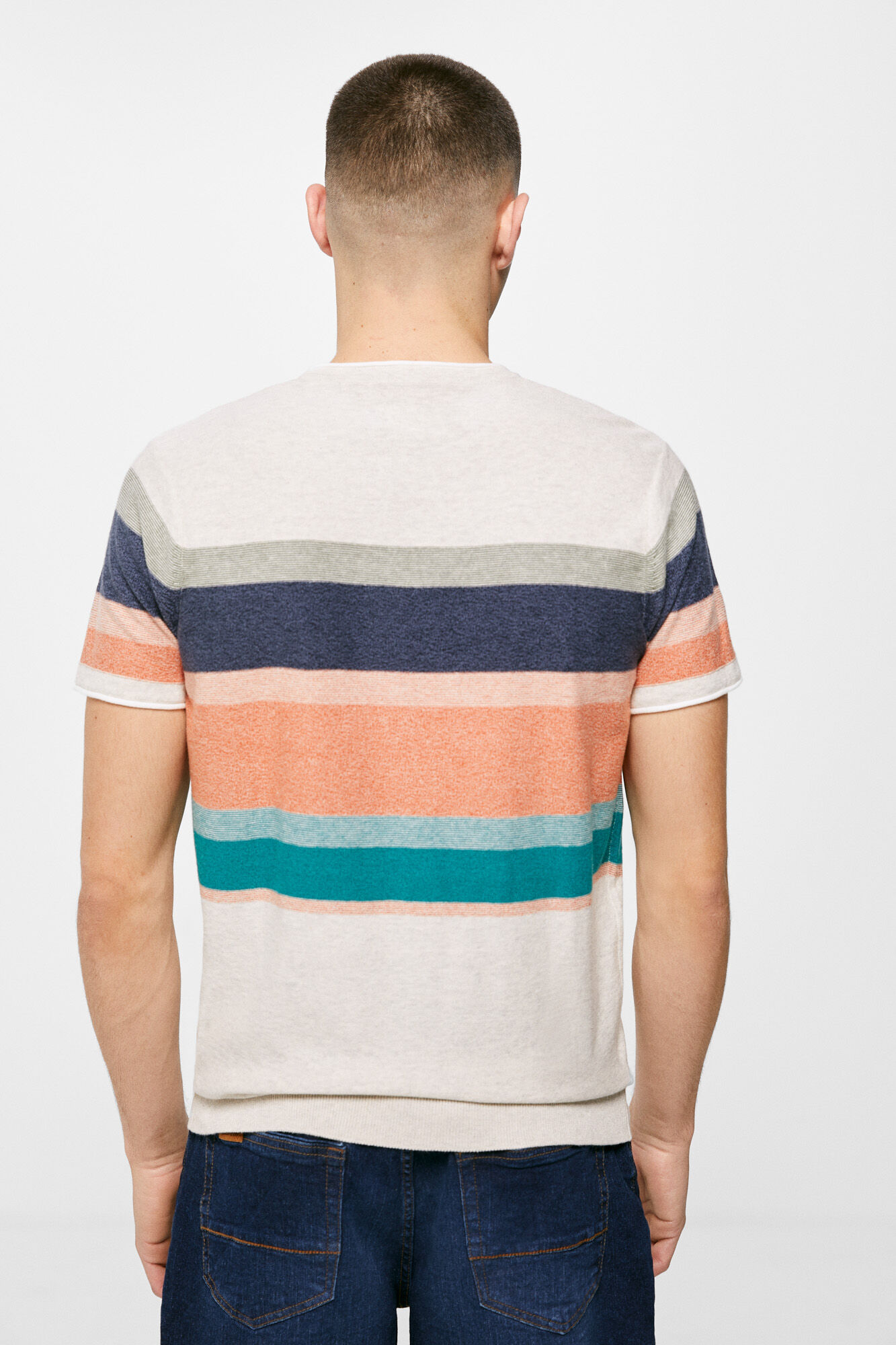 Camiseta de malha trançada com várias listras - cinza claro