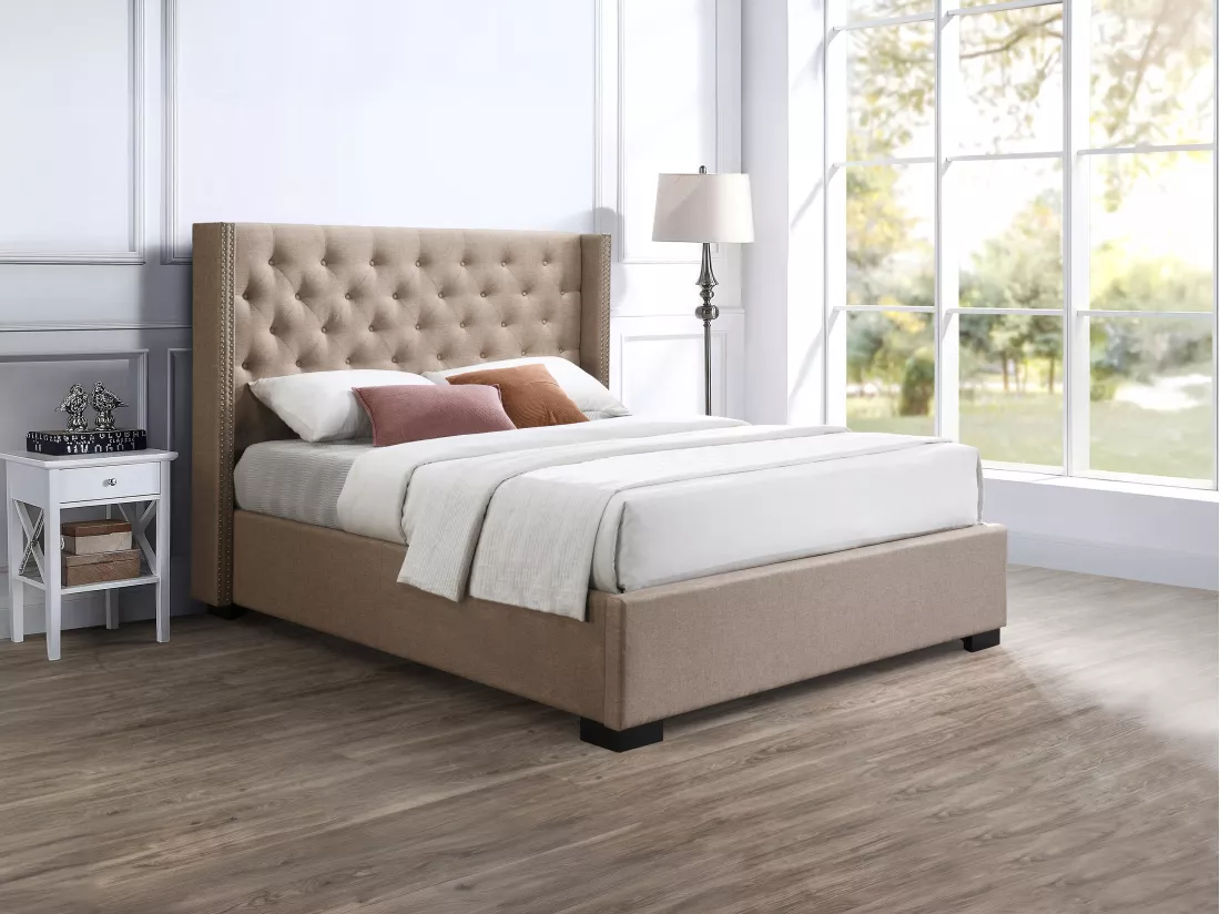 Lit coffre 140 x 200 cm avec tête de lit capitonnée - Tissu - Beige - MASSIMO
