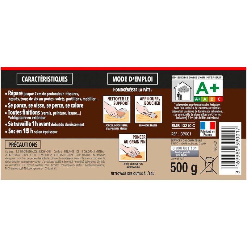 Sintobois rebouche bois trous et fissures 500g bois clair