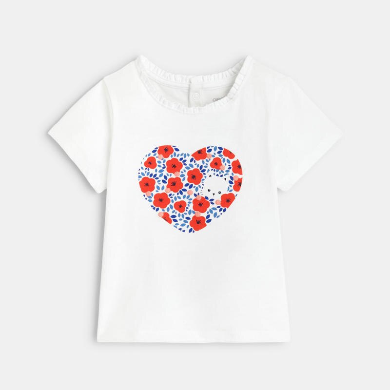 T-shirt cœur coquelicots chat blanc bébé fille Blanc