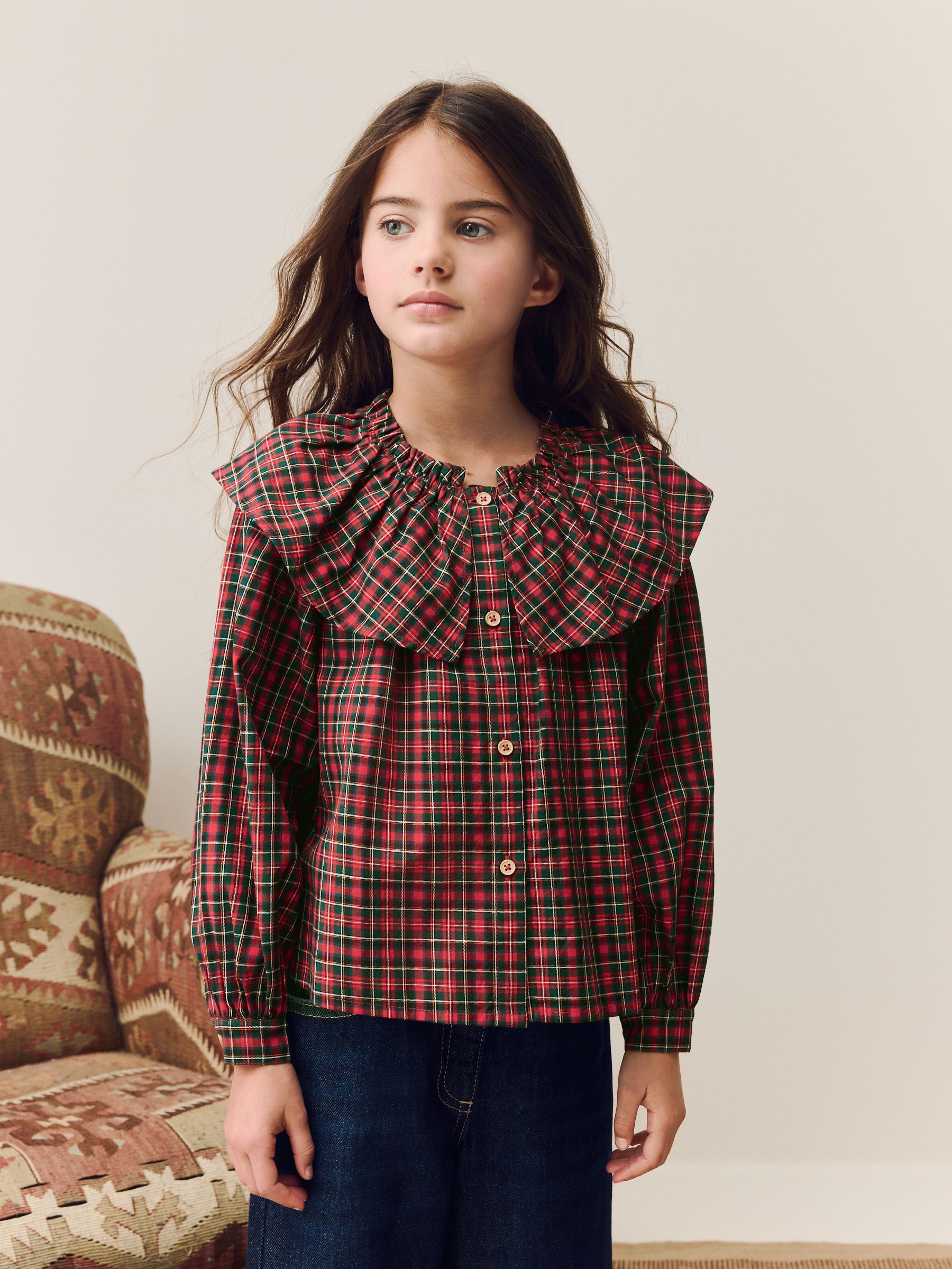 Rood - Geruite blouse met ruches aan de kraag (3-16jaar)
