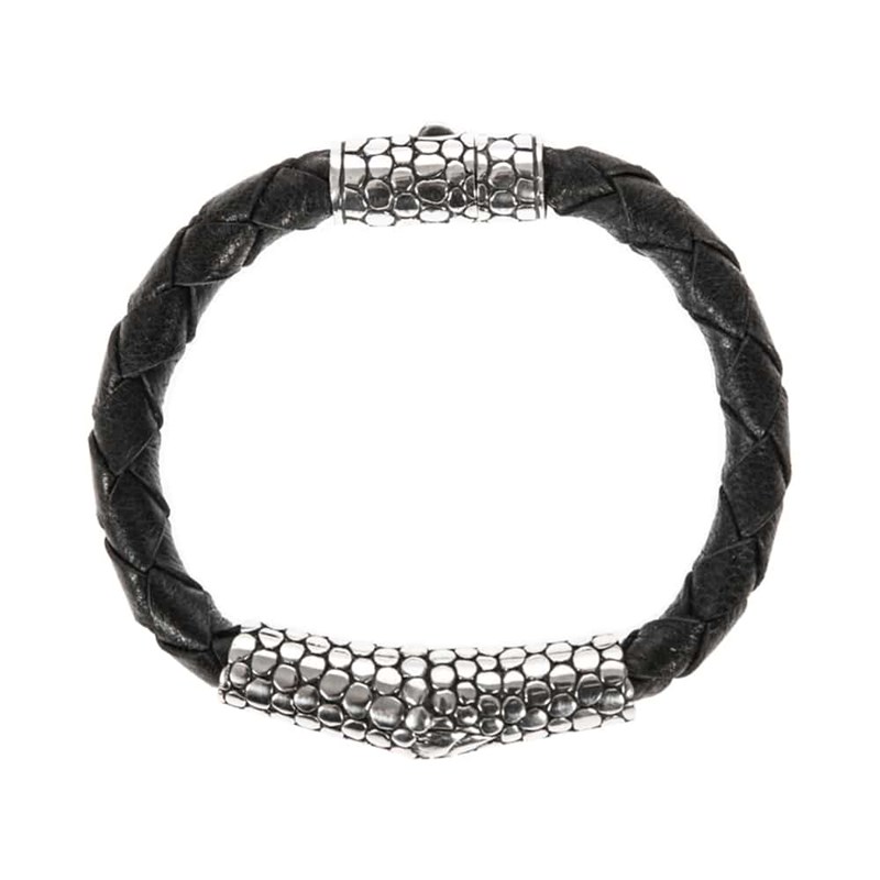Bracelet Homme Exotique écaille Cuir Noir Et Argent