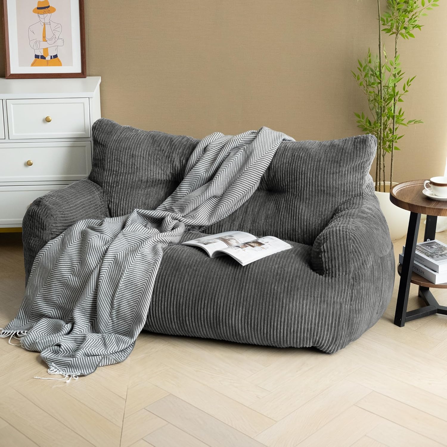 Pamapic Sitzsack, Sitzsack Erwachsene mit Füllung, Doppeltes Lounge Sessel mit Tragbarem Griff, Modernes Ergonomisches BeanBag, Indoor Sitzsäcke Stuhl für Wohnzimmer, Schlafzimmer, Spielzimmer, Grau