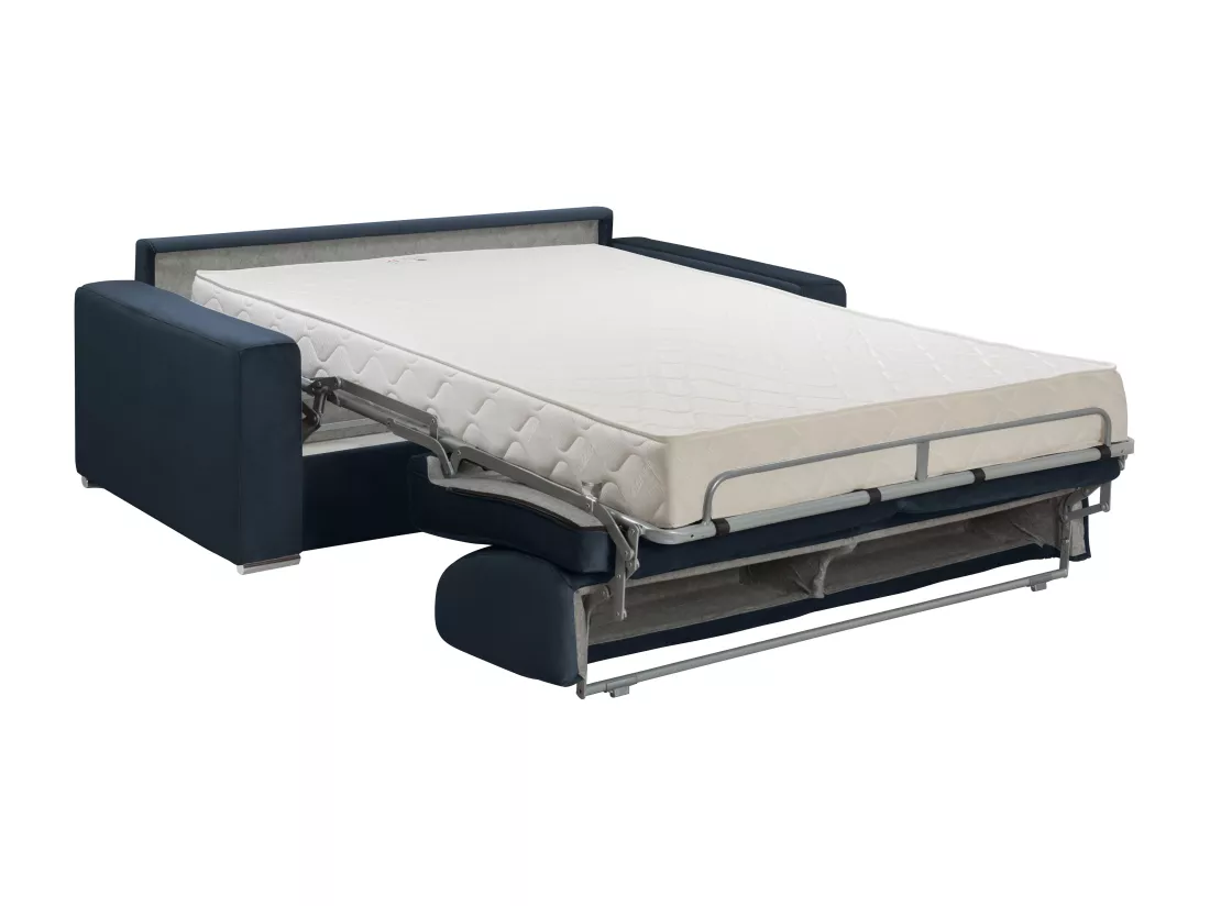 Canapé 2 places convertible express en velours bleu nuit - Couchage lattes larges 120 cm - Matelas 18 cm CALITO