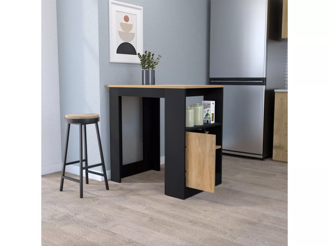Ilot de cuisine Stirling en mélaminé avec 3 étagères et porte de rangement inférieure , Noir / Beige , 91.3 cm X 92 cm X 59 cm