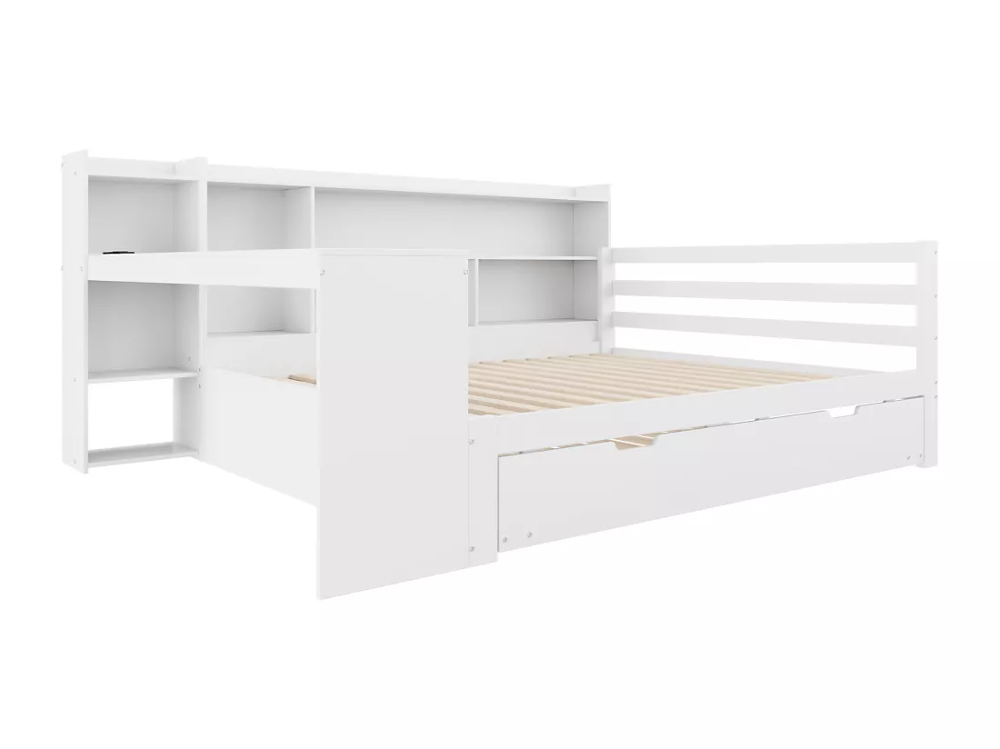 Canapé convertible en bois massif 140x200 cm - avec bureau + bibliothèque - compartiments de rangement + étagères - avec prises - avec lit gigogne - blanc