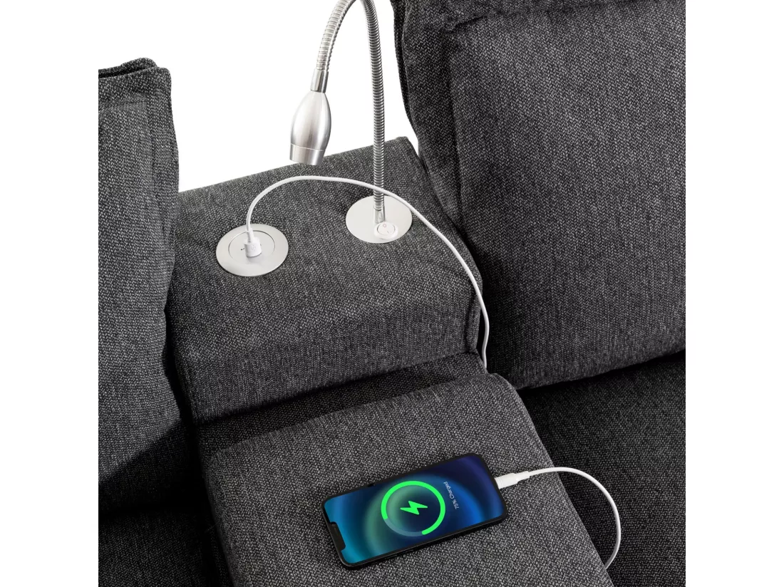Canapé 3 places en tissu chenille avec pouf, ports USB, 2 porte-gobelets et lampe de lecture, 248x154x84cm, Gris