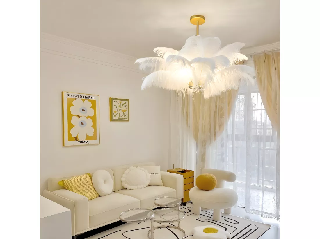 Lustre à plumes blanc luminaire moderne en laiton led pour chambre à coucher salon d90 cm