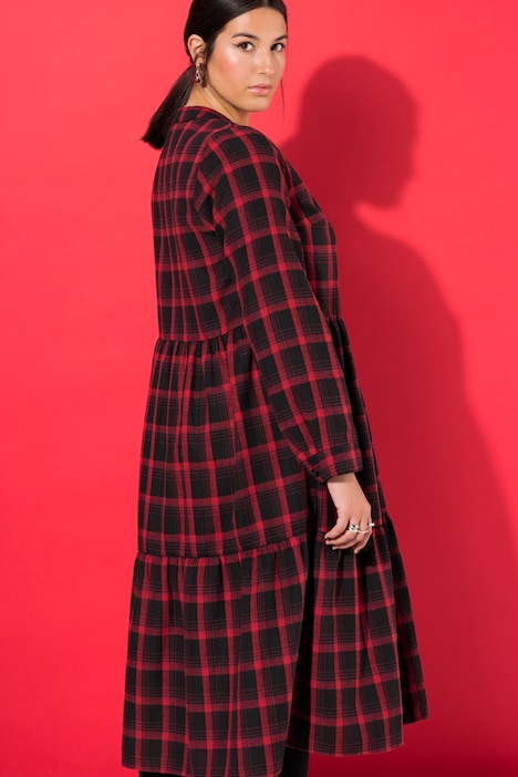 Midi-Flanellkleid, Karo, Tunika-Ausschnitt, Langarm