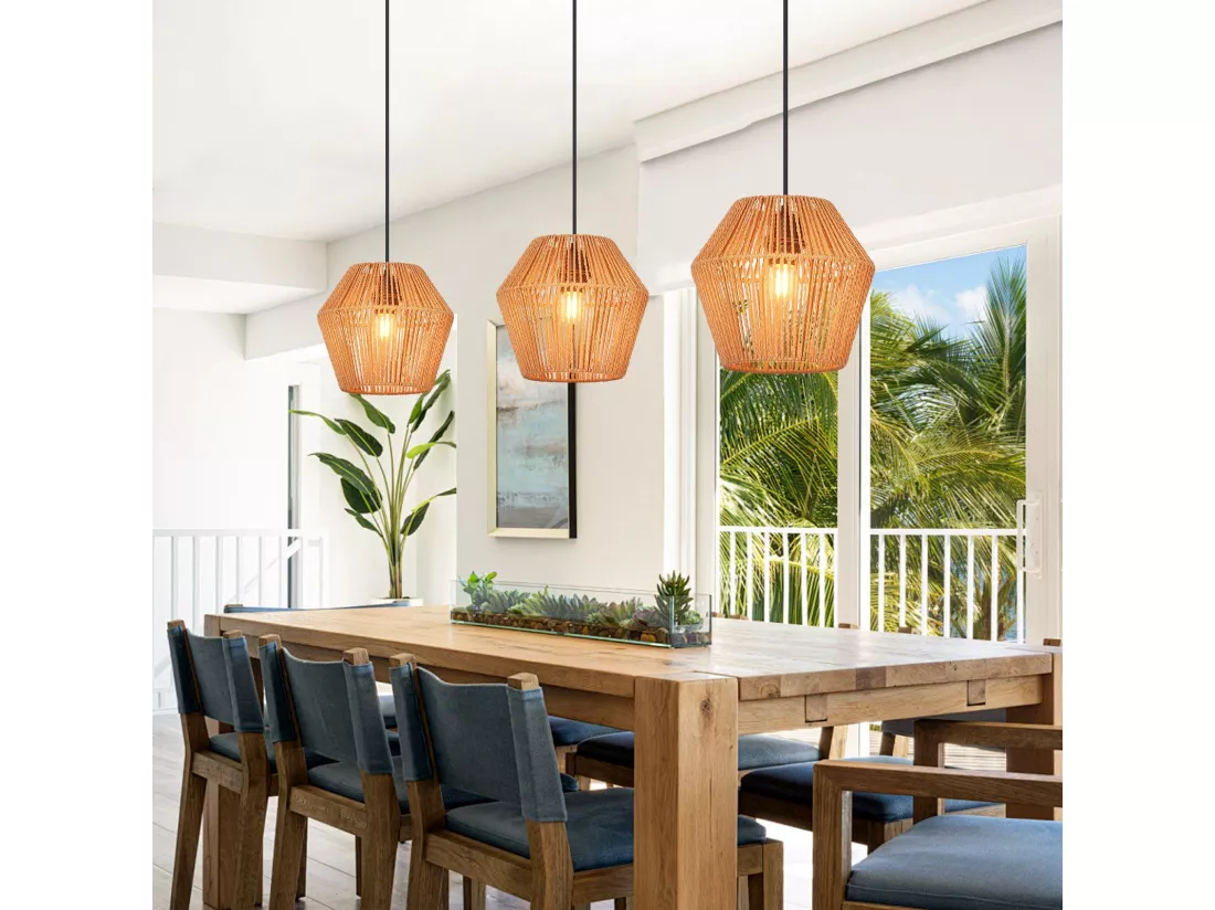 NETTLIFE Lampe à suspension vintage en rotin 150 cm E27 40W