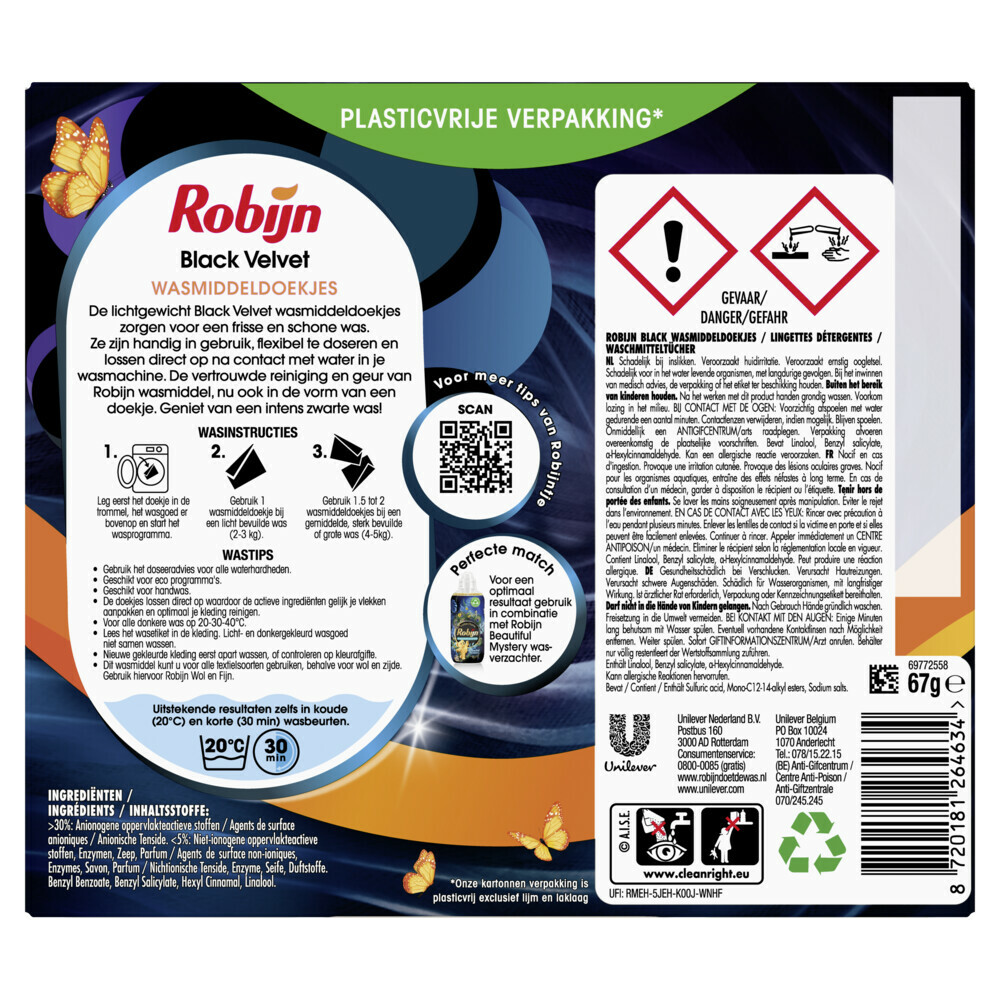 10x Robijn Wasmiddeldoekjes Black Velvet16 stuks