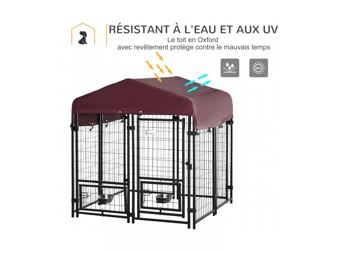 Chenil extérieur pour chien - cage chien - enclos chien - toile toit imperméable anti-UV, porte verrouillable, 2 bols rotatifs - acier noir oxford pourpre