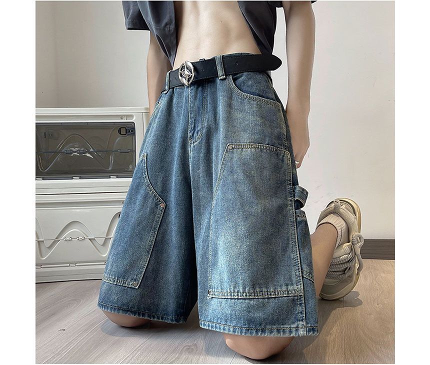 Whyessa - Low Rise Washed Wide Leg Cargo Denim Shorts