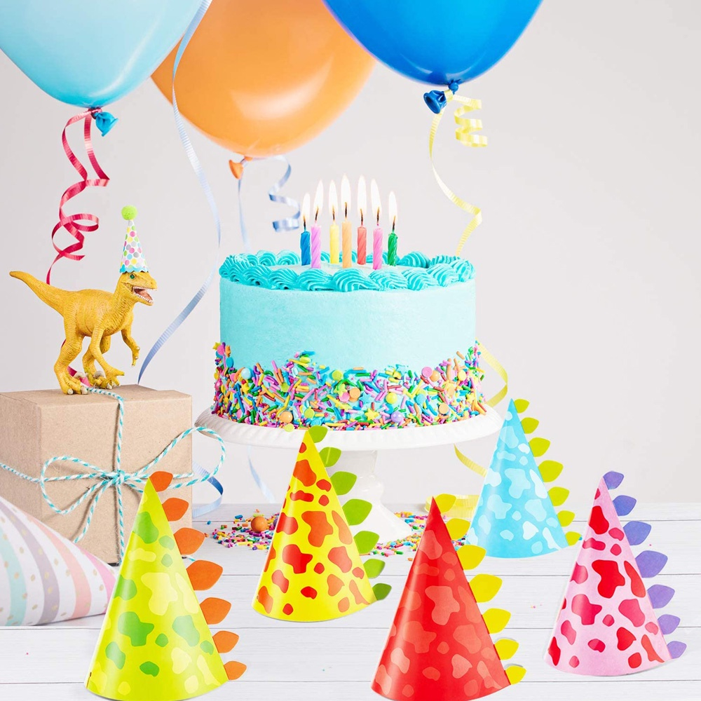 (20er Set) 11x19cm Kinder Party Hut Geburtstags Accessoire Kegel Mütze mit Gummizug - Dino
