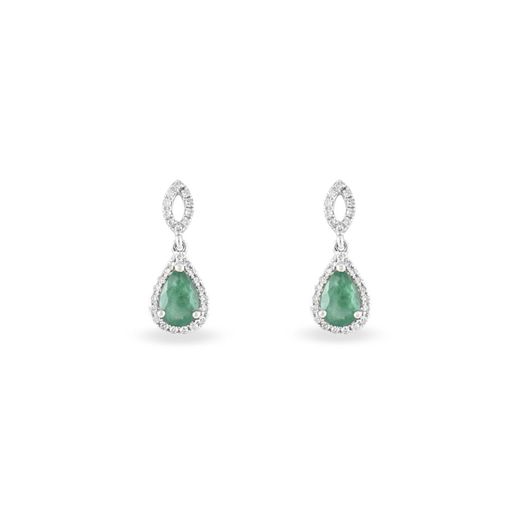 Boucles D'oreilles Puces Sissi Or Blanc Diamant Et Emeraude
