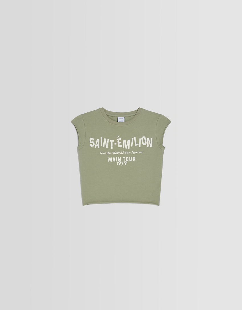 Camiseta cropped de manga curta com estampa