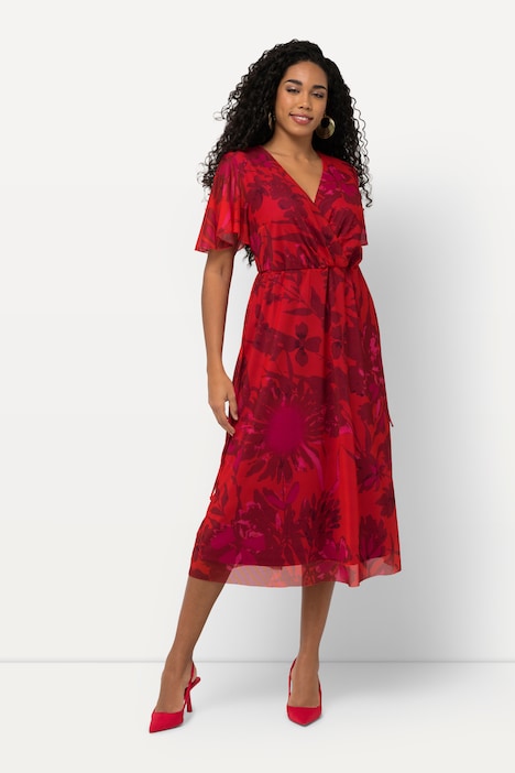 Meshkleid, Blüten, V-Ausschnitt, Halbarm, Maxikleid