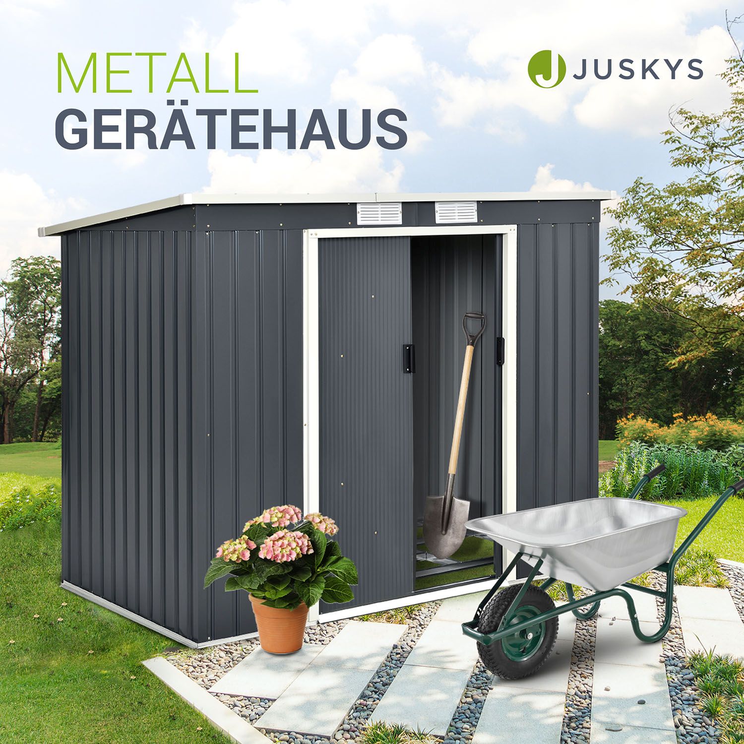 Juskys Metall Gerätehaus Geräteschuppen M mit Pultdach, Schiebetür & Fundament 4m³ anthrazit