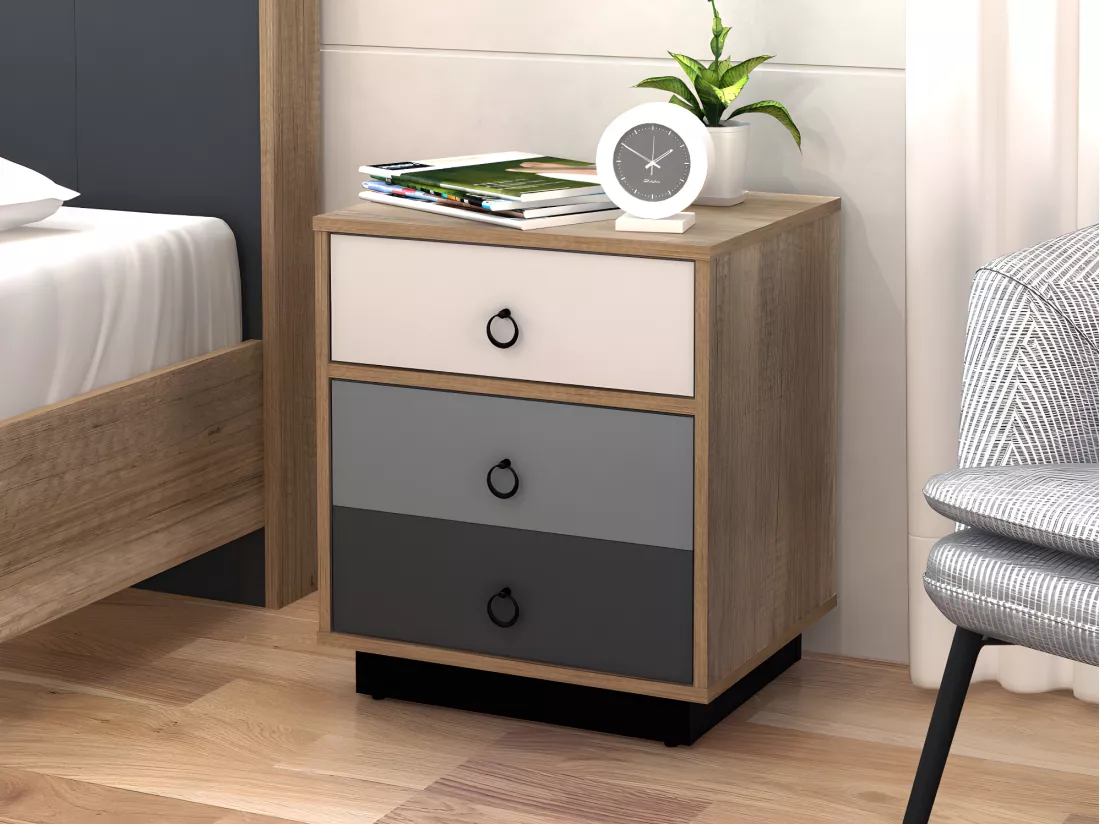 Lot de 2 tables de chevet - 1 tiroir et 1 porte - Coloris : Naturel, blanc et gris - KRYPTON