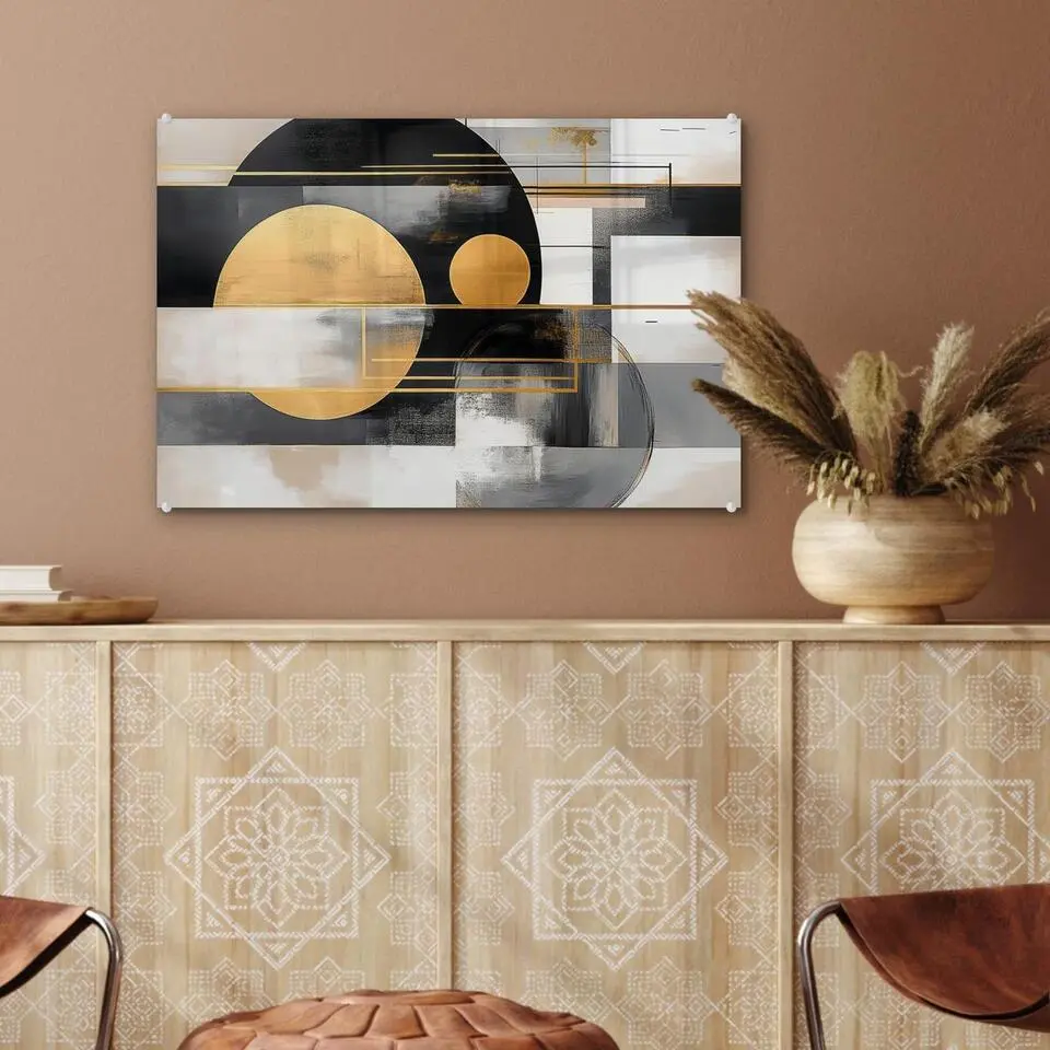 MuchoWow Glasschilderij 60x40cm Abstract Goud Zilver Vormen