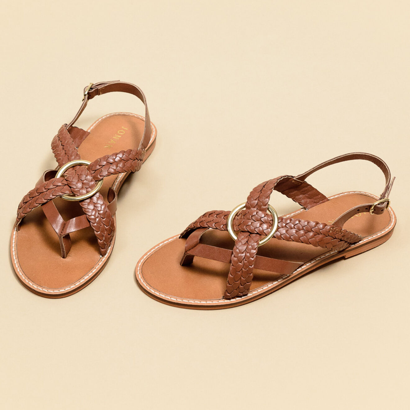 Jonak Sandales plates en Cuir Wood cognac