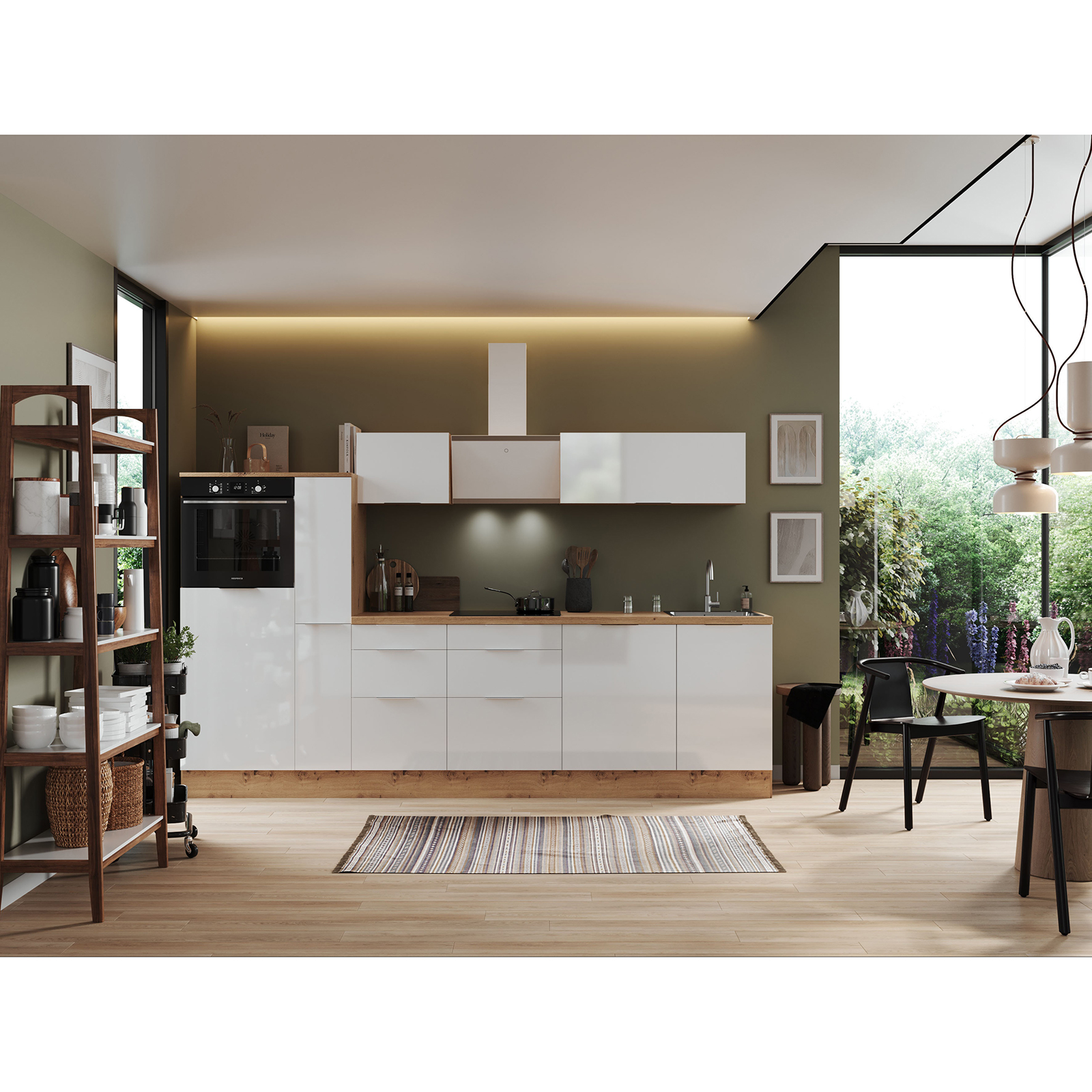 RESPEKTA Küchenblock - weiß Hochglanz - Artisan Eiche - mit E-Geräten - 310 cm