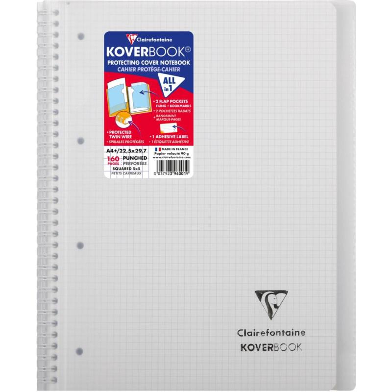 Cahier reliure intégrale enveloppante Koverbook A4+ 160 pages petits carreaux détachables perforé 4 trous couverture polypropylène t ransparent - Assortis