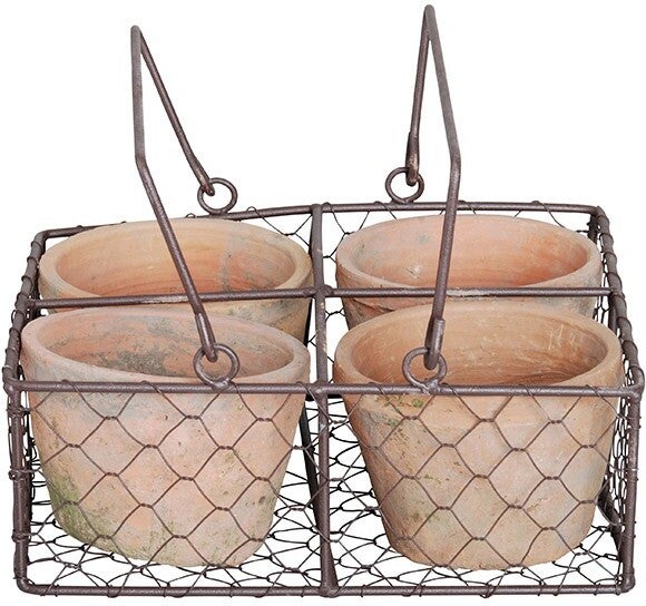 Esschert Design draadmand met potten 23,5 x 23,5 x 10,2 cm