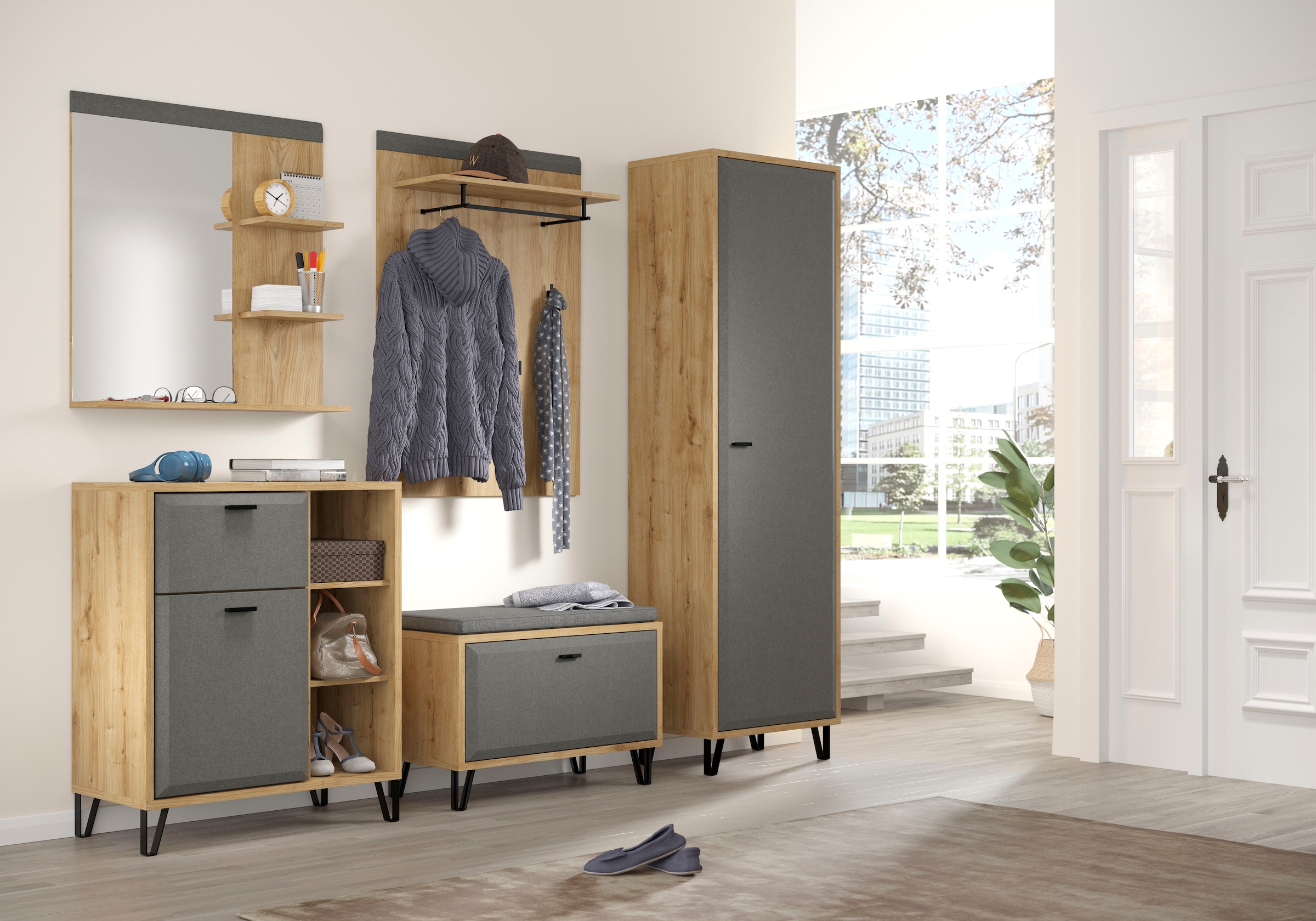PLACES OF STYLE Garderobenschrank »Belva« 1 Stk. tlg. Flurschrank mit 5 verstellbaren Böden und ausziehbarer Kleiderstange