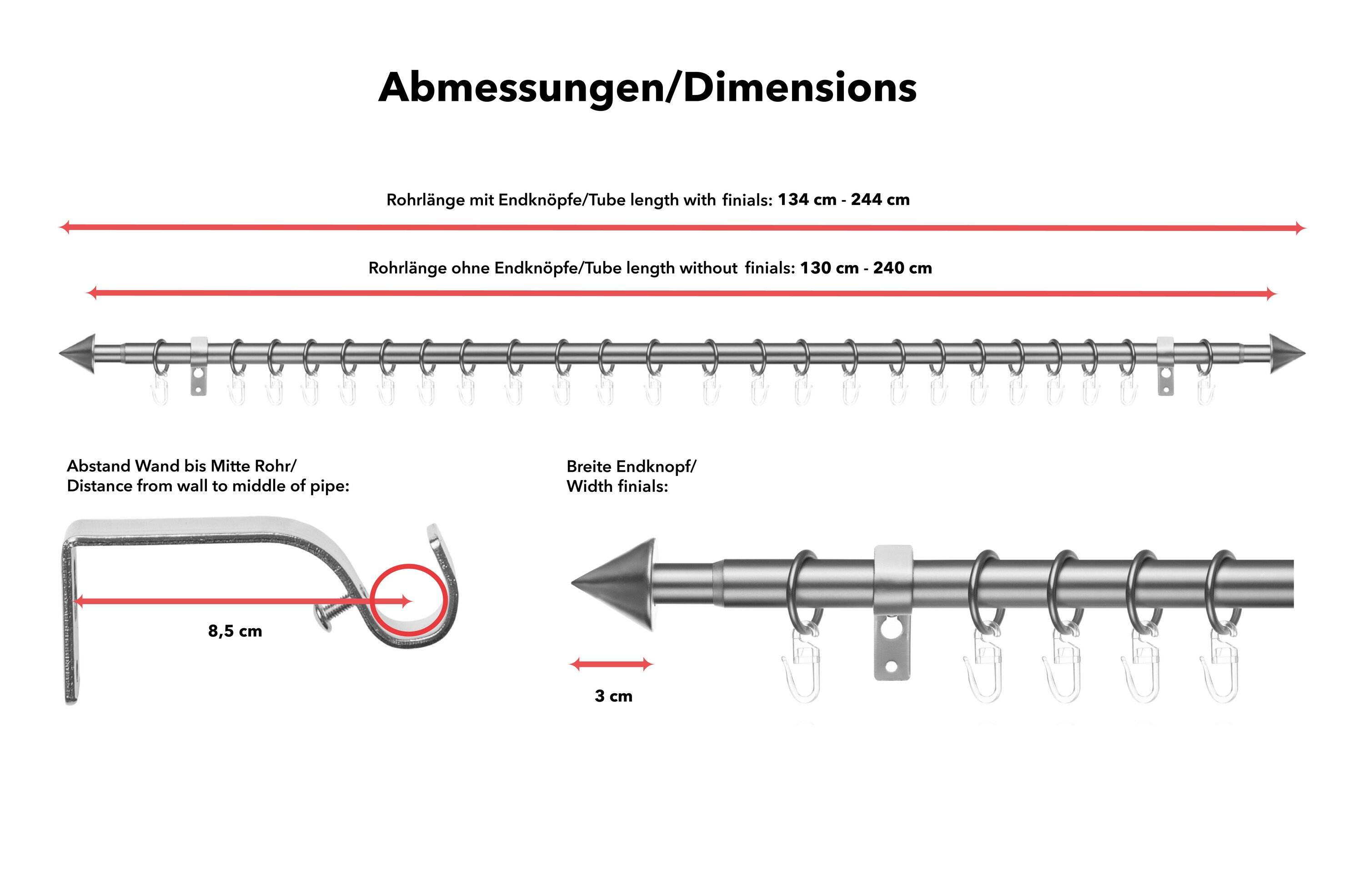 Lichtblick Gardinenstange Kegel, 20 mm, ausziehbar, 1 läufig 130 - 240 cm