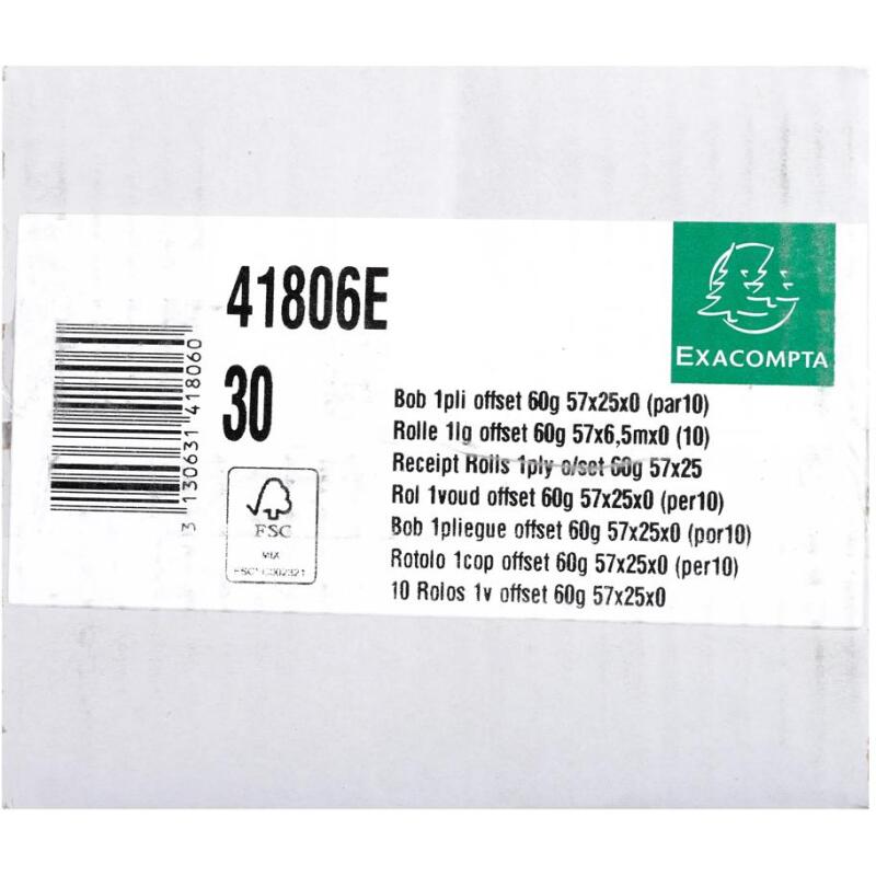 Bobines Calculatrices Exacompta 41806E - l 57 mm x L 6,5 m, Ø 25 mm - 1 pli(s) - paquet de 10
