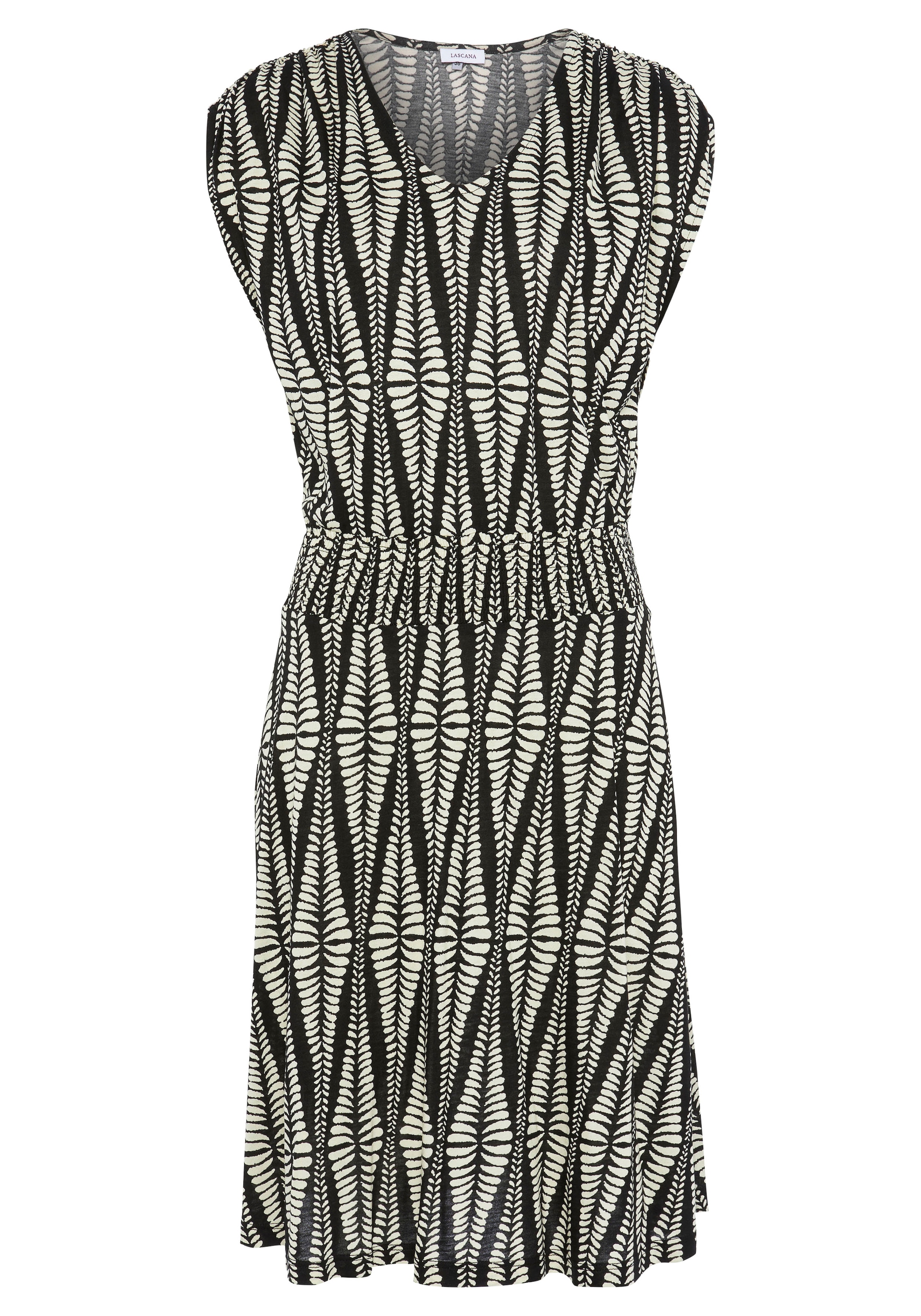 LASCANA Jerseykleid mit breitem Smokbund, kurzes Sommerkleid im Alloverprint, Strandkleid