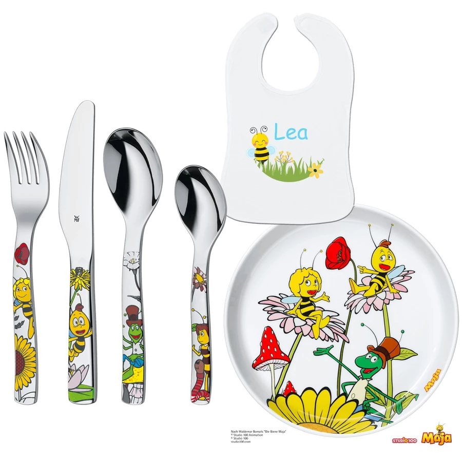 Schnullireich Geschenkset mit Namen Biene Maja: WMF Kinderbesteck + Teller + Lätzchen 6-Teilig Silber