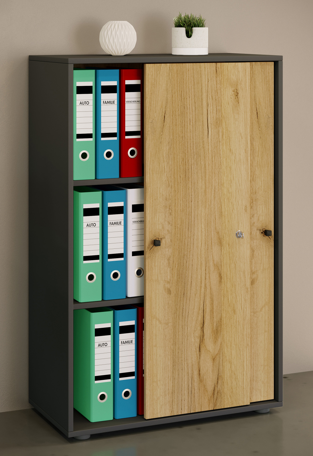 Büroschrank LONA XL - Honig Eiche - anthrazit - mit Schiebetüren - 110 cm hoch