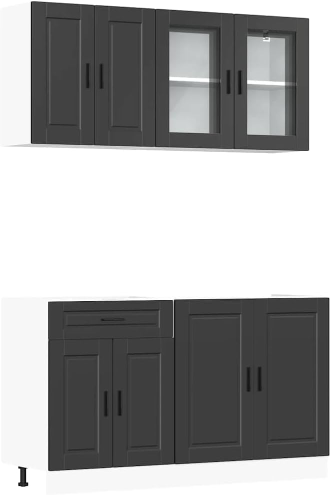 vidaXL 4-TLG. Küchenschrank-Set Porto Schwarz Holzwerkstoff, Küchenzeile, Küchenschrank, Schrank, Hängeschrank, Spülenunterschrank, Küchenmöbel