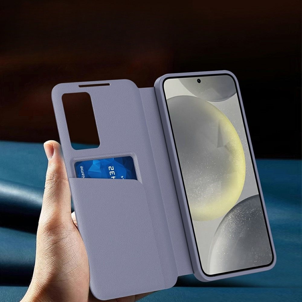 Samsung Galaxy A56 Leder Hülle Small Window View Flip Case Litchi Look - Lila / Grau