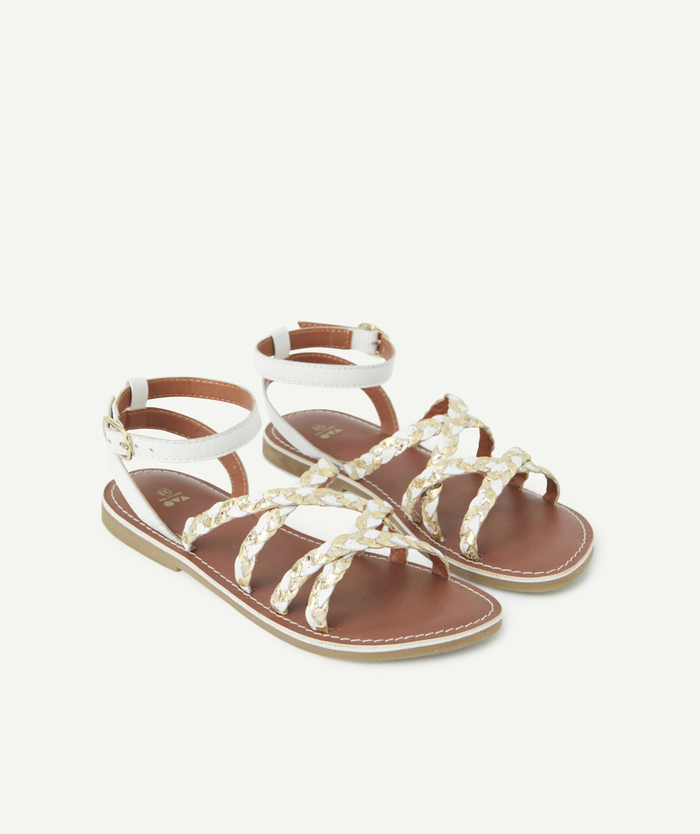 sandales en cuir fille tressées blanc et couleur dorée