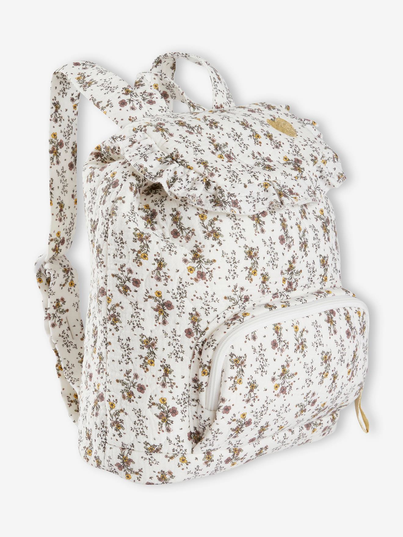 Mochila estampada com flores bege claro