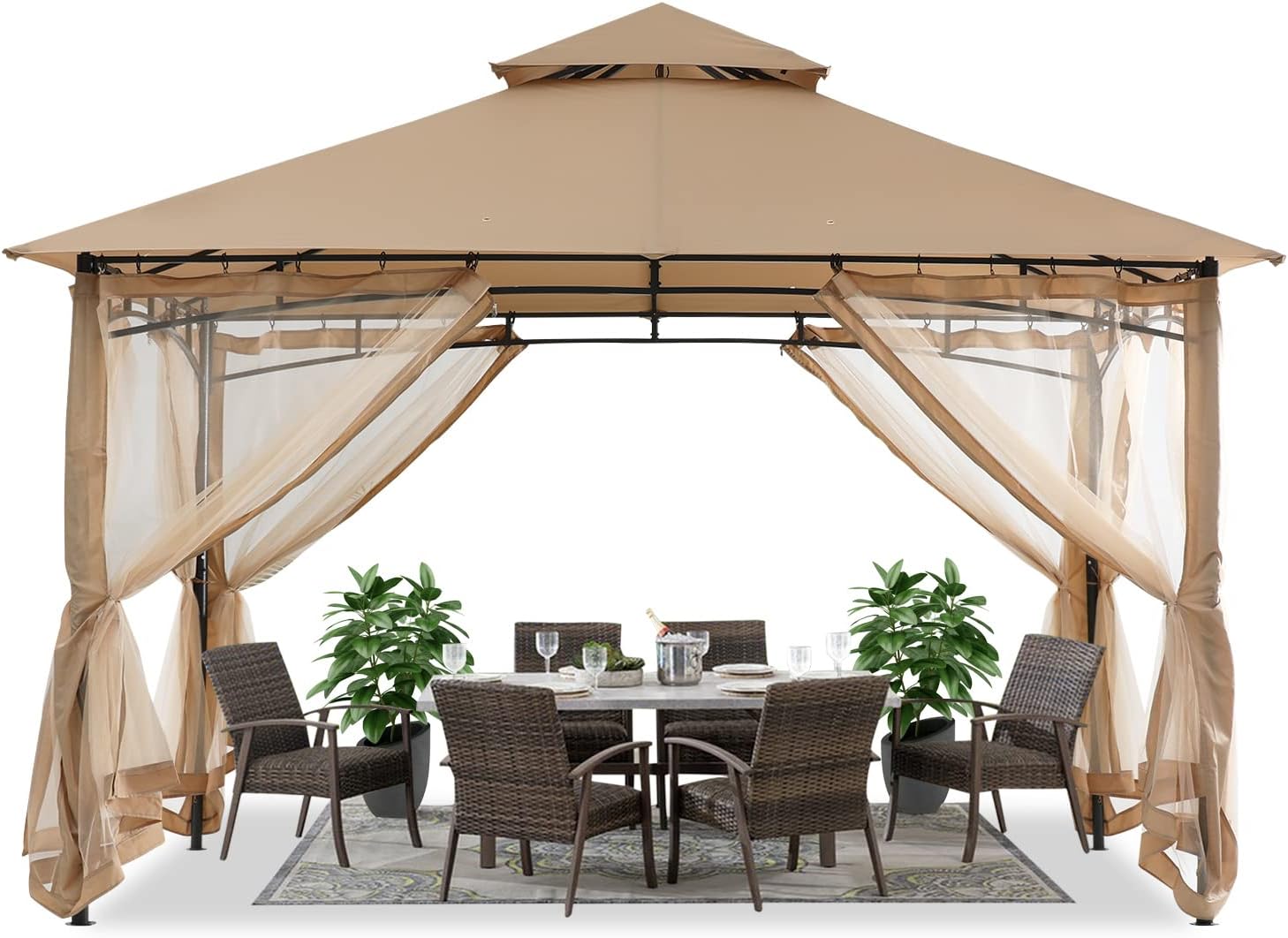 ABCCANOPY 3.35x3.35m Gartenpavillon für Terrasse Doppeldachweichdach Garten Hinterhof-Pavillon mit Netz für Schatten und Regen,Beige