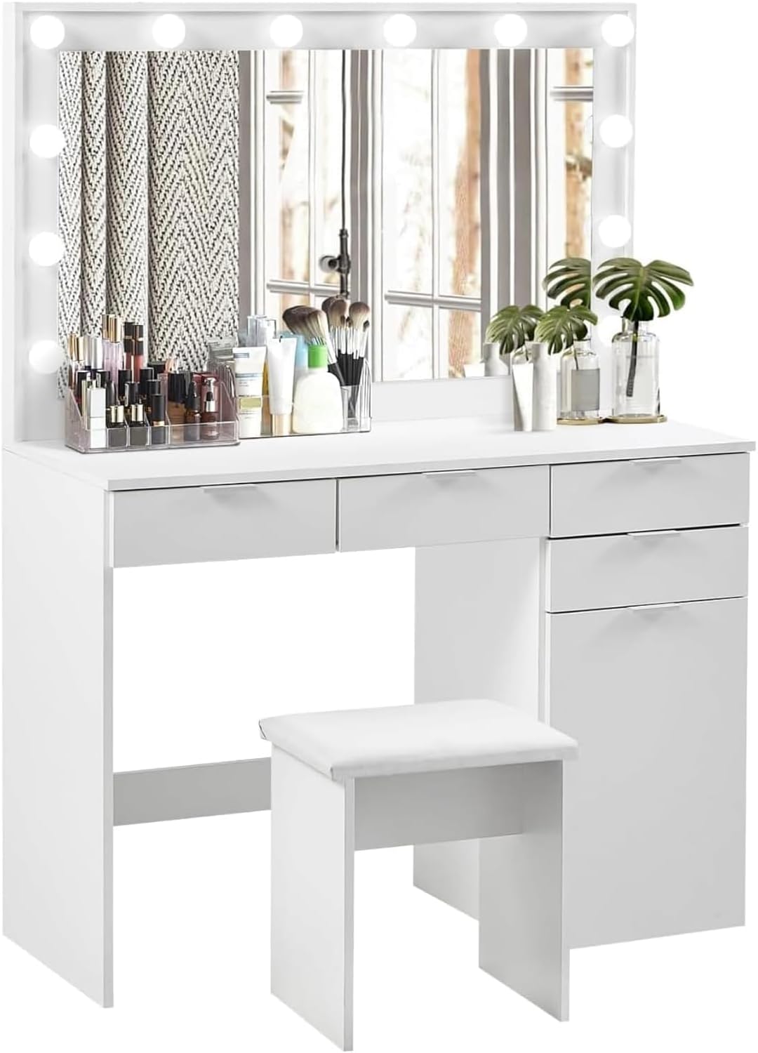CLIPOP Große Schminktisch mit LED-Beleuchtung und Spiegel, Vanity Table, Kosmetiktisch mit 4 Schubladen und Kabinett, Frisiertisch mit Hocker für das Schlafzimmer, Weiß