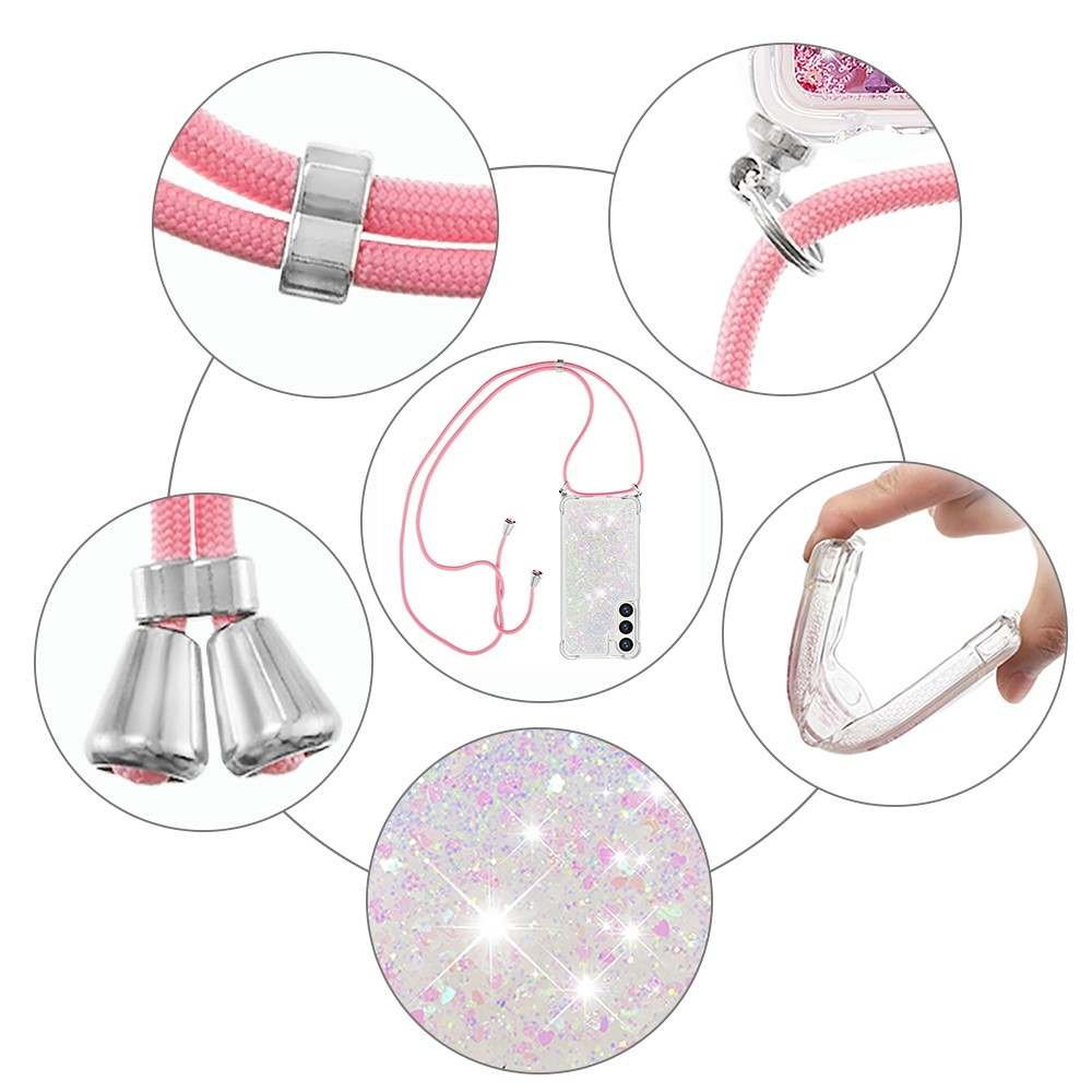 Samsung Galaxy S24 Necklace Gummi Hülle Liquid Glitzer   Handykette (130cm) - Rosa / Silber