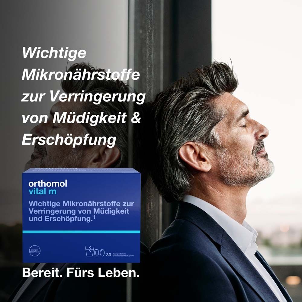 Orthomol Vital m für Männer - bei Müdigkeit - mit B-Vitaminen und Omega-3 - Granulat/Tabletten/Kapseln - Orangen-Geschmack