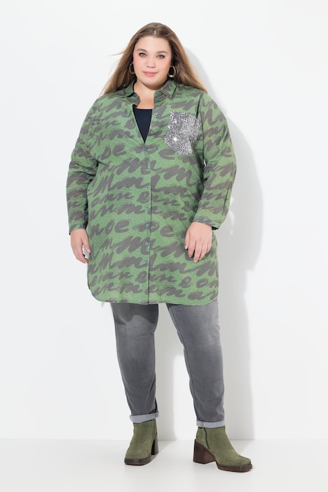 Longbluse, Scribble-Muster, Hemdkragen, Langarm