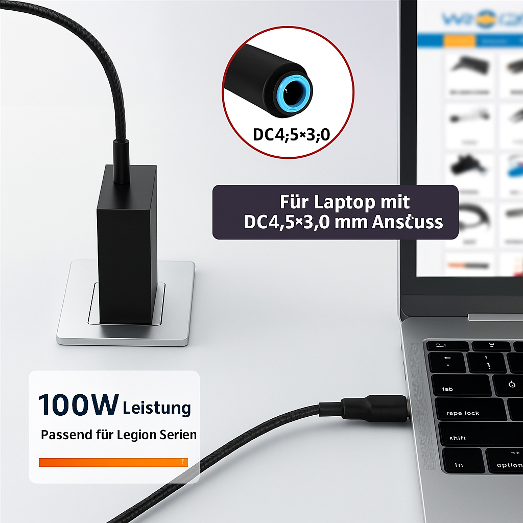 (100W / 180cm) HP Laptop USB C-DC Ladeanschluss Adapter Konverter (4.5x3.0mm) Nylon Geflochtenes Power Delivery Kabel - Schwarz