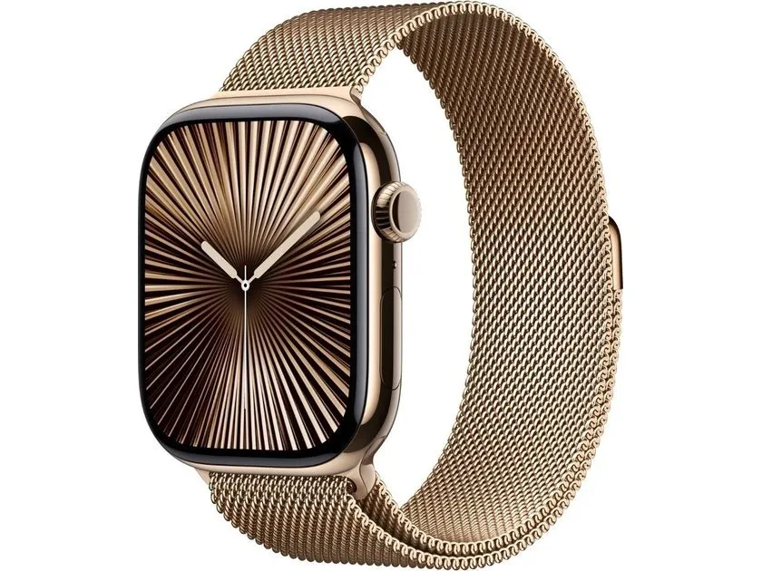 Apple Watch Series 10 (GPS   Cellular) - 46 mm - guld titanium - smart ur med milanesisk løkke - rustfrit stålnet - guld - båndstørrelse: S/M - 64 GB - LTE, Wi-Fi 4, UWB, Bluetooth - 4G - 41.7 g