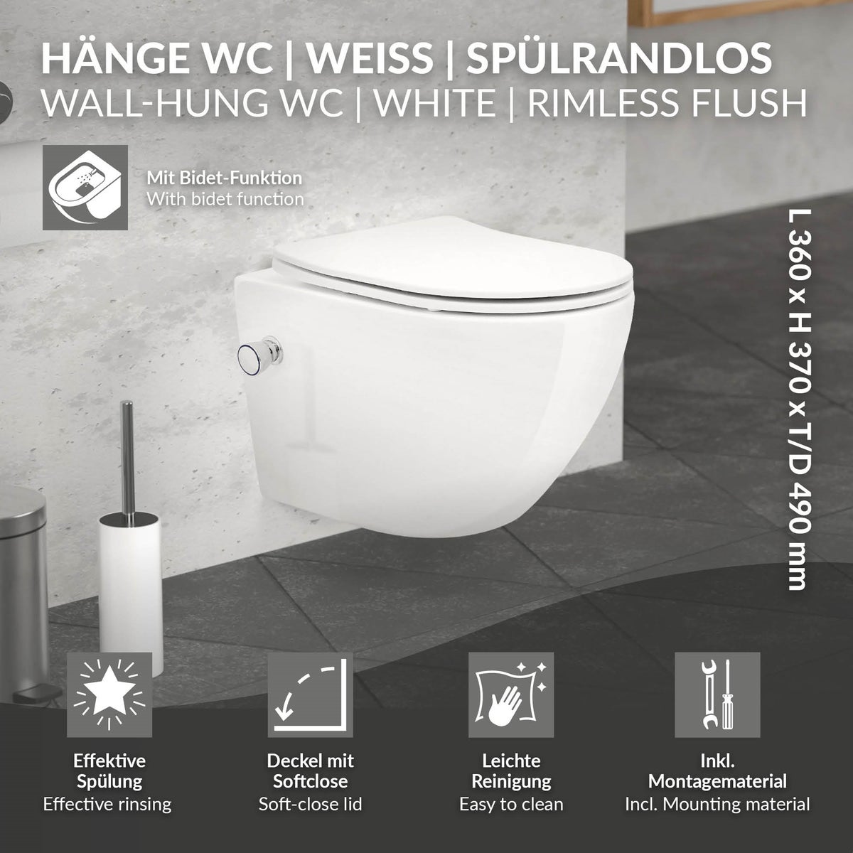 ECD Germany Randloos wandcloset voor douche, wit, kort, keramiek met bidetfunctie, wandcloset met softclose-mechanisme, verwijderbare Duroplast-wc-bril, diepspoelbaar wandcloset